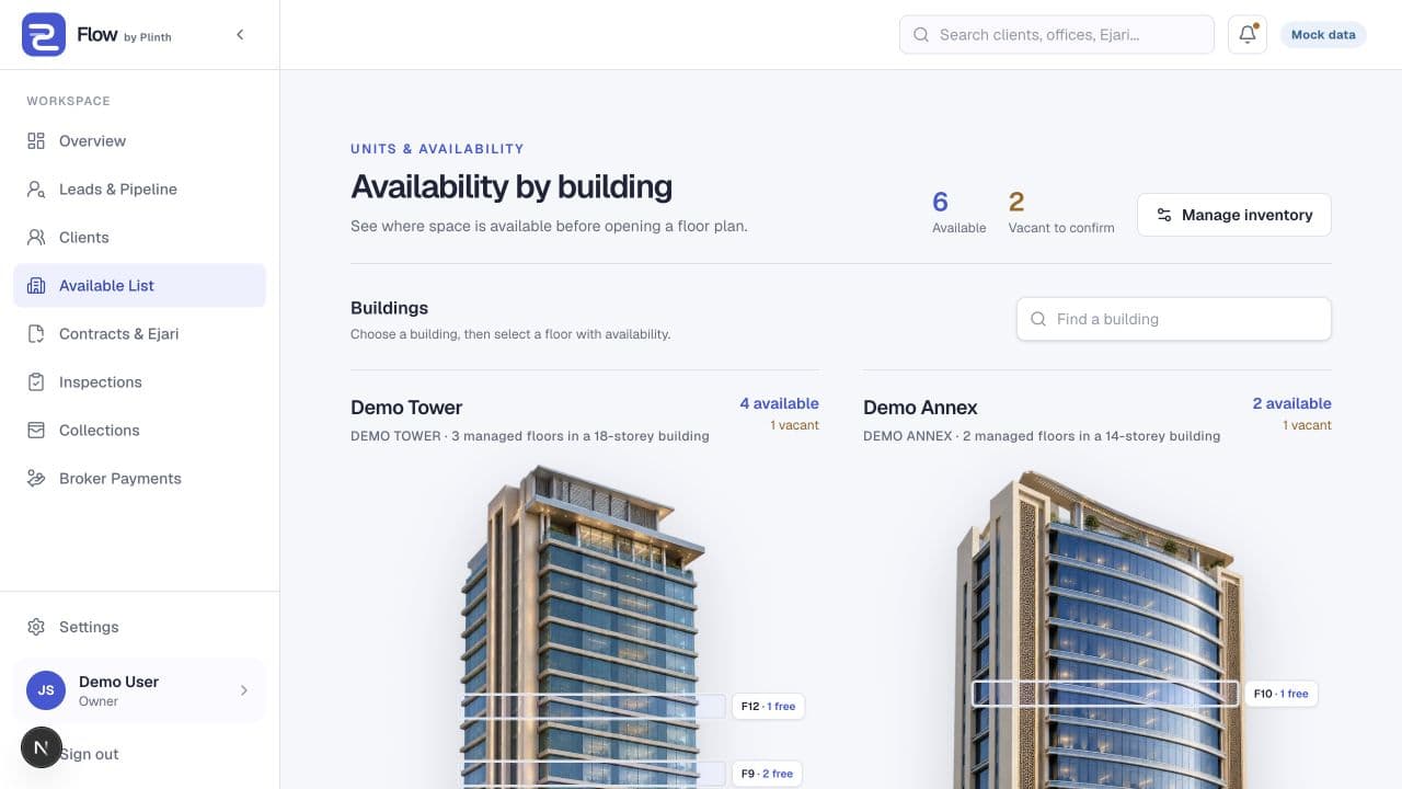 Flow availability view showing two demo office buildings