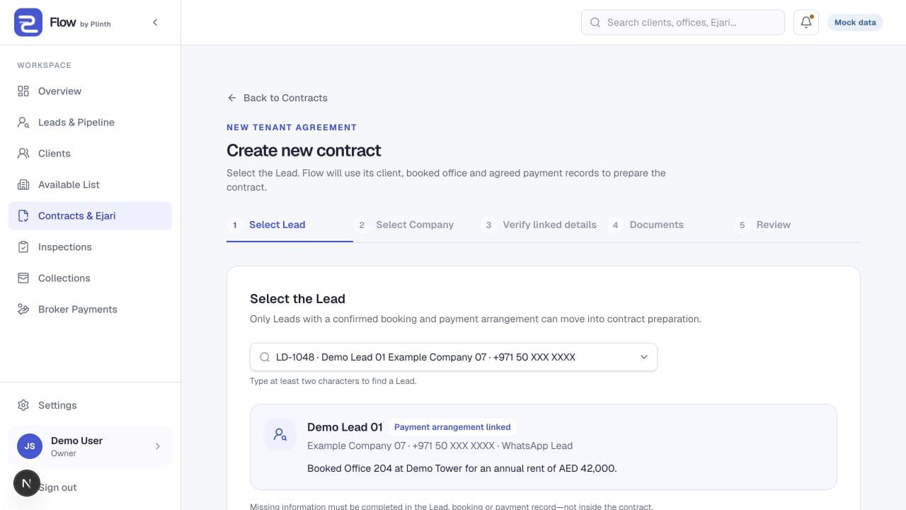 Flow guided contract creation with linked lead and office records