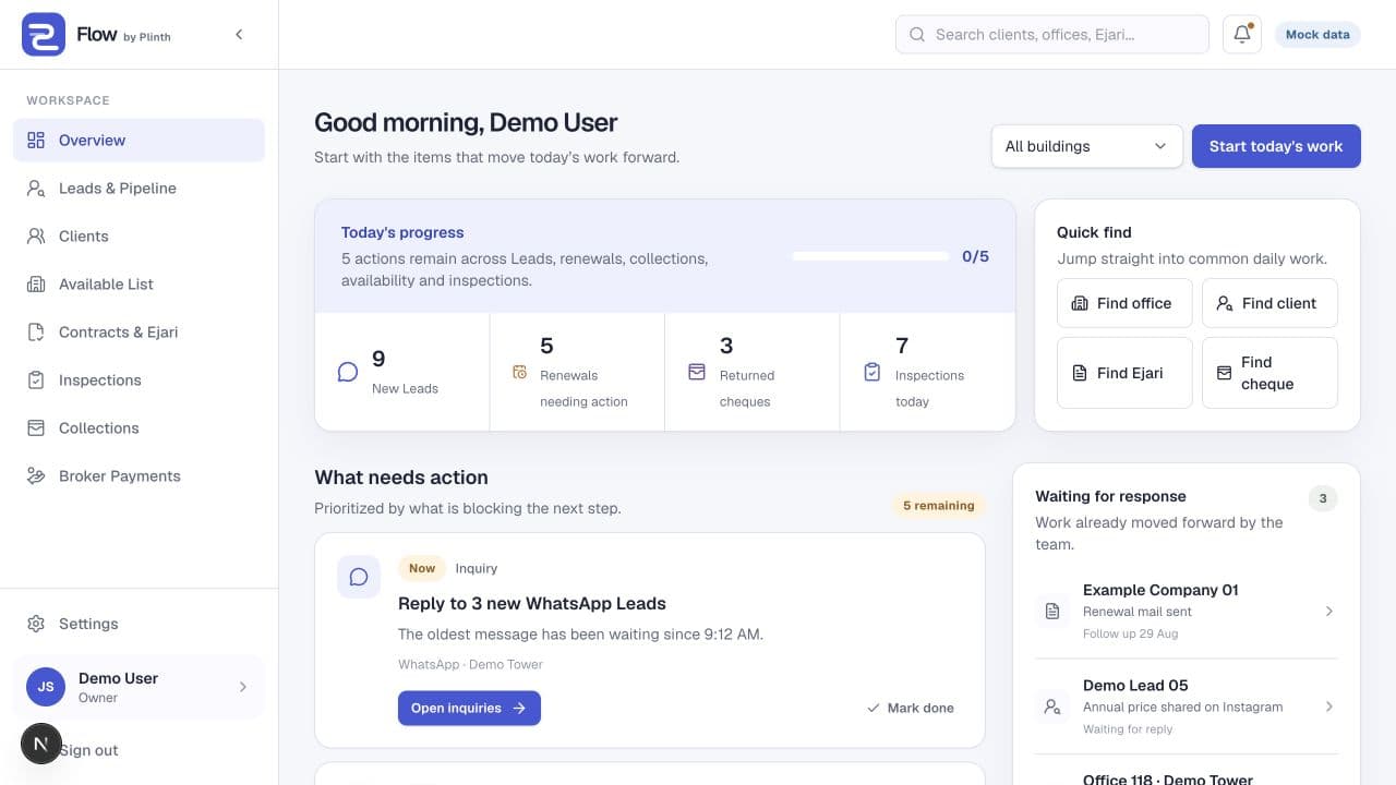 Flow daily operations dashboard showing priorities, quick search and today's work