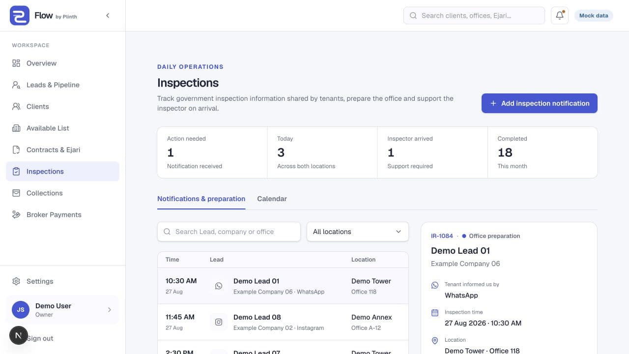 Flow inspections notification and office preparation workspace