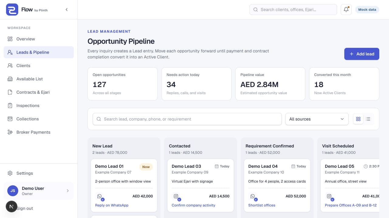 Flow opportunity pipeline with lead stages and next actions